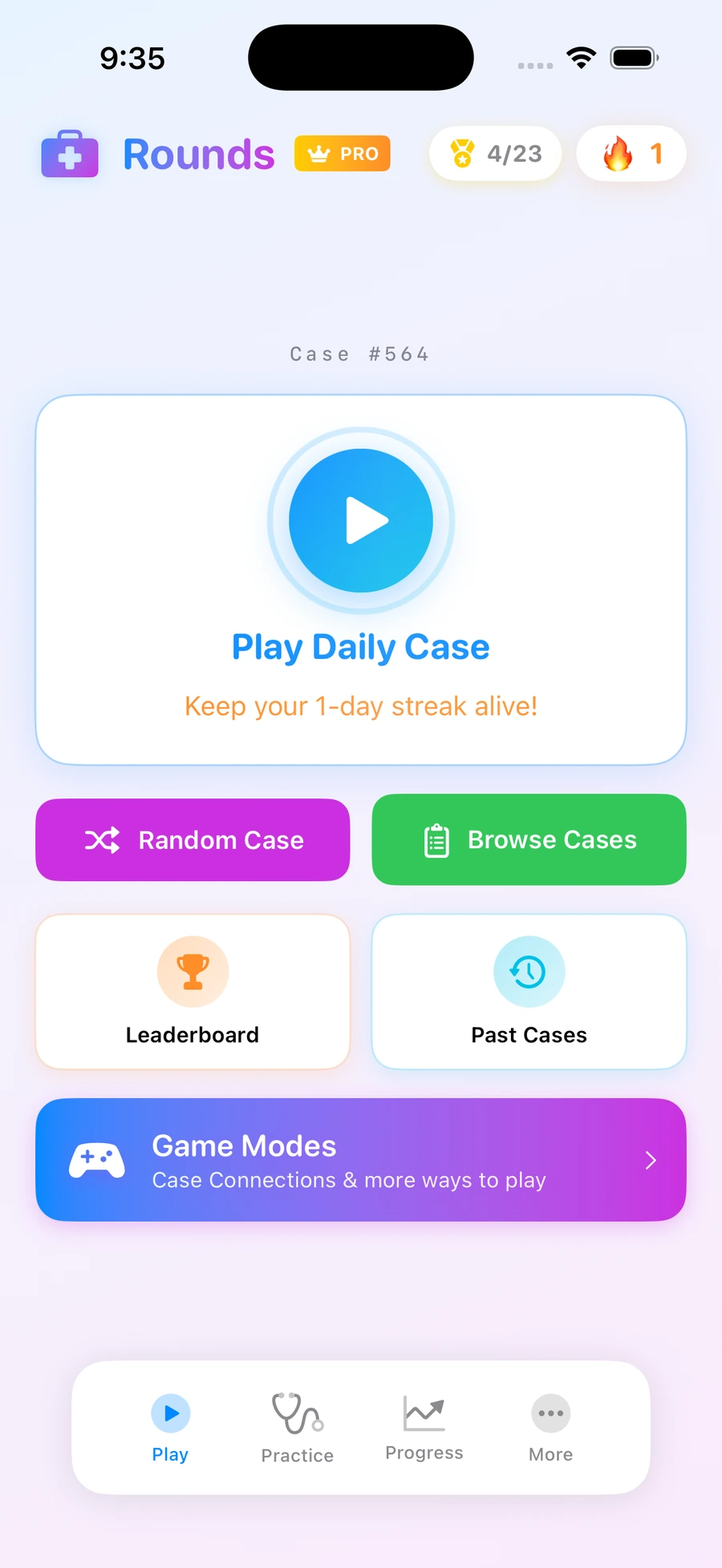 Rounds Play tab with daily case and game modes
